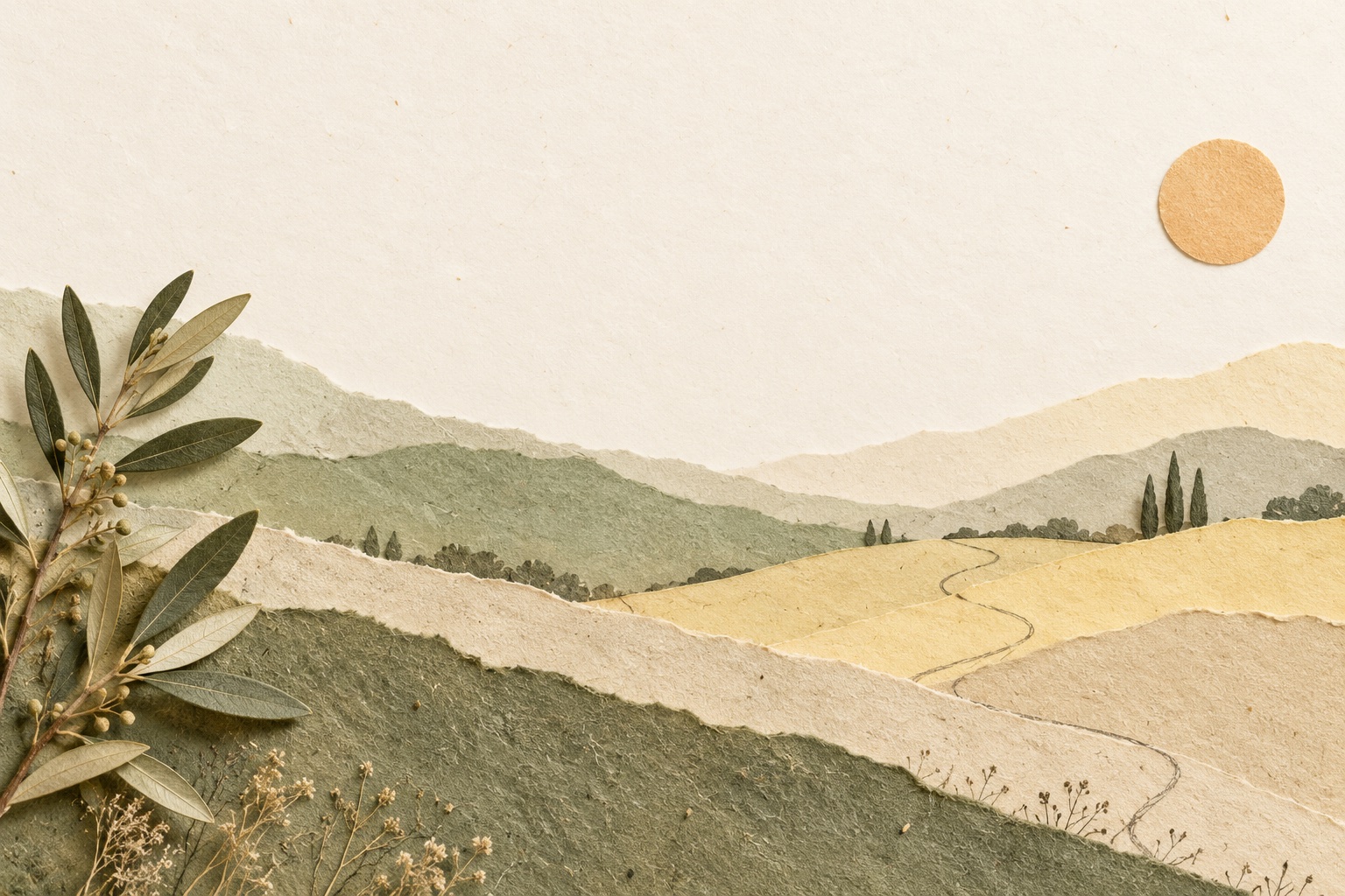 Handmade paper hills in sage and cream, with a tiny sun