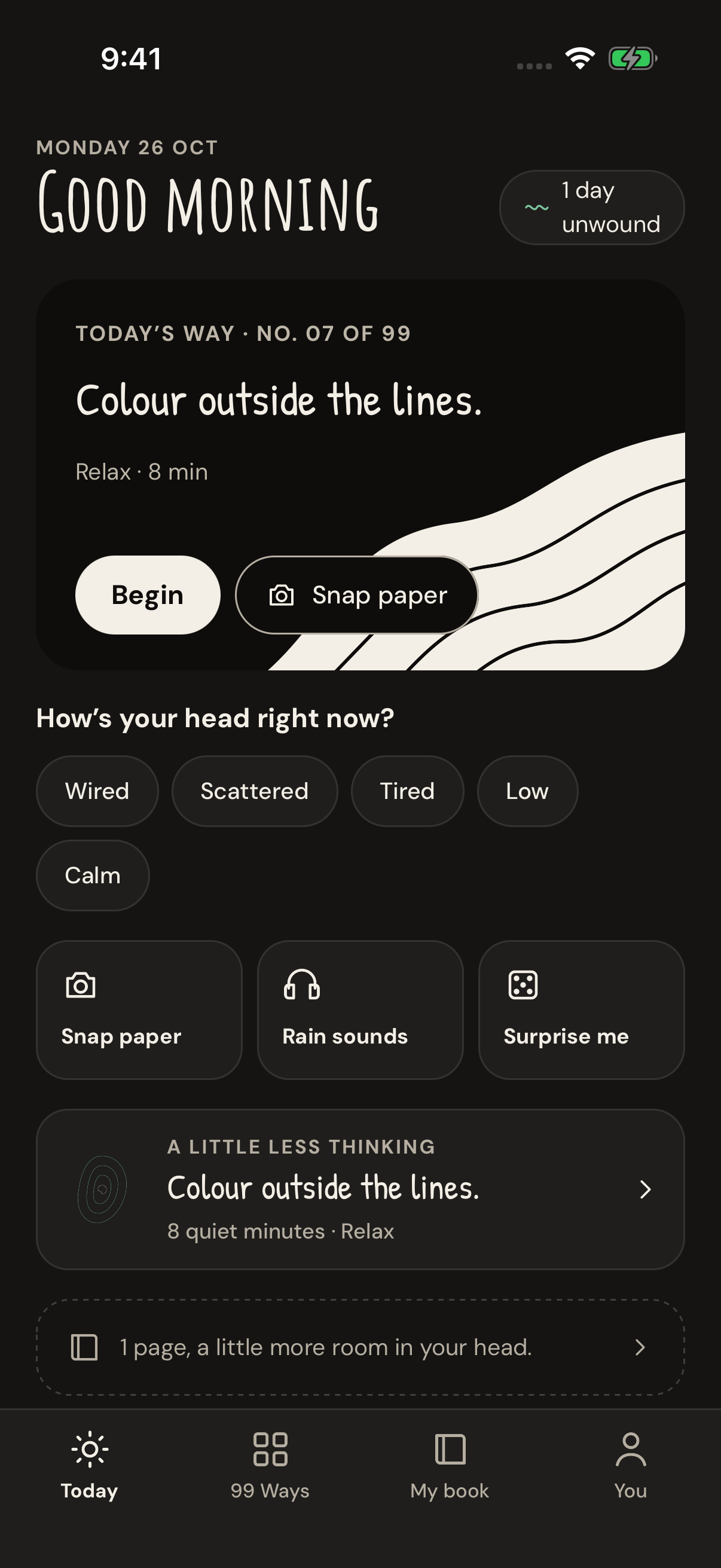 Unwind Today screen in Night appearance